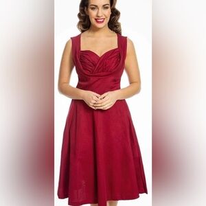 Lindy Bop NWT Ophelia Swing Dress in Red Cotton Sateen Stretch Pockets! Size M